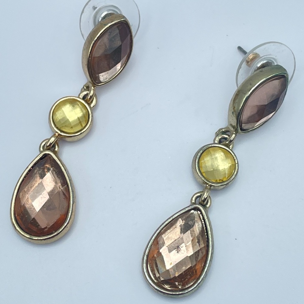 Vintage Y2K Amber Yellow Faceted Glass Gold Tone Dangle Earrings Jewelry Boho